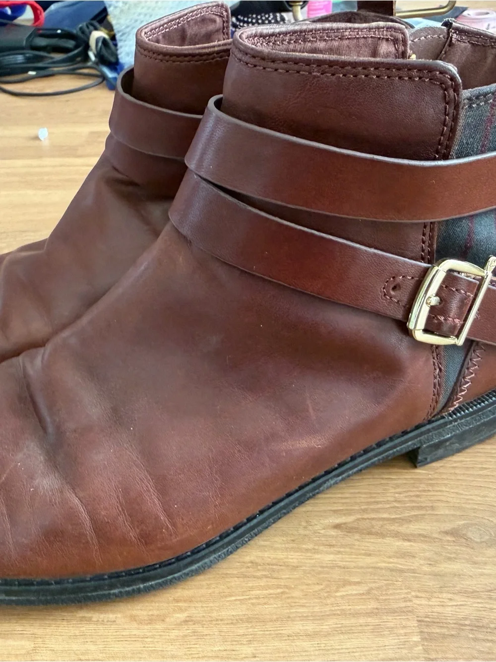 Sperry Women's Brown Leather Plaid Ankle Booties with Buckle Strap